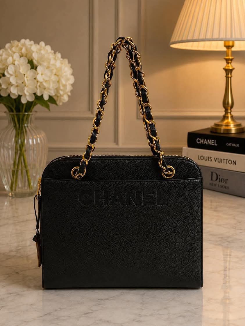 Chanel Caviar Embroidered Logo Shoulder Bag Black