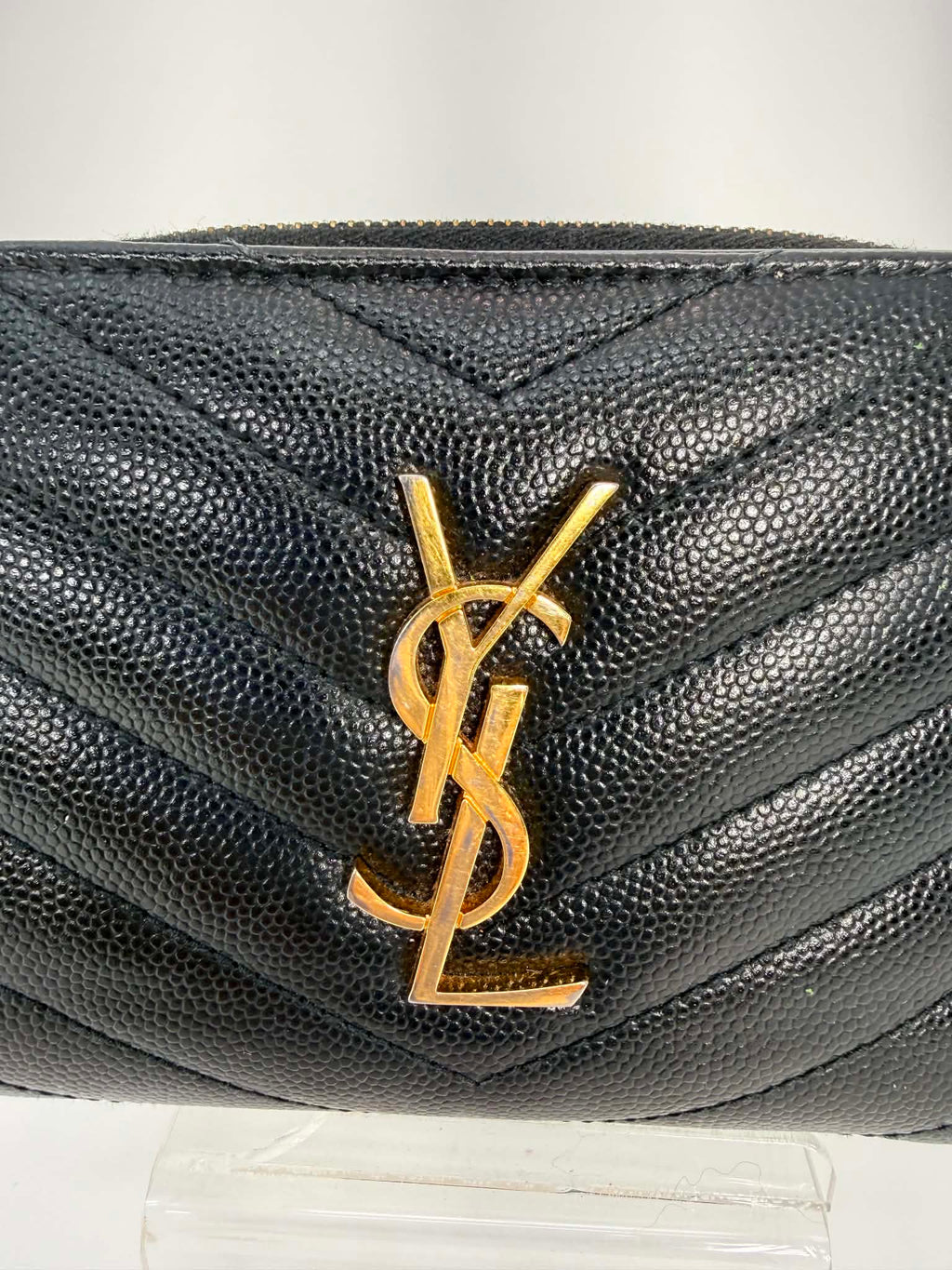 Saint Laurent Grain De Poudre Matelasse Chevron Monogram Compact Zip Around Wallet