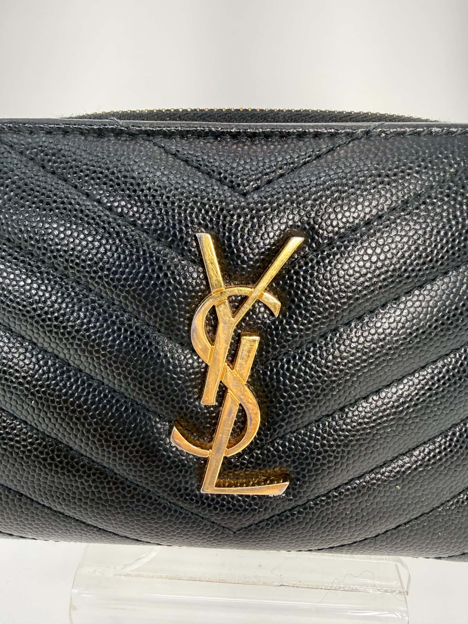 Saint Laurent Grain De Poudre Matelasse Chevron Monogram Compact Zip Around Wallet