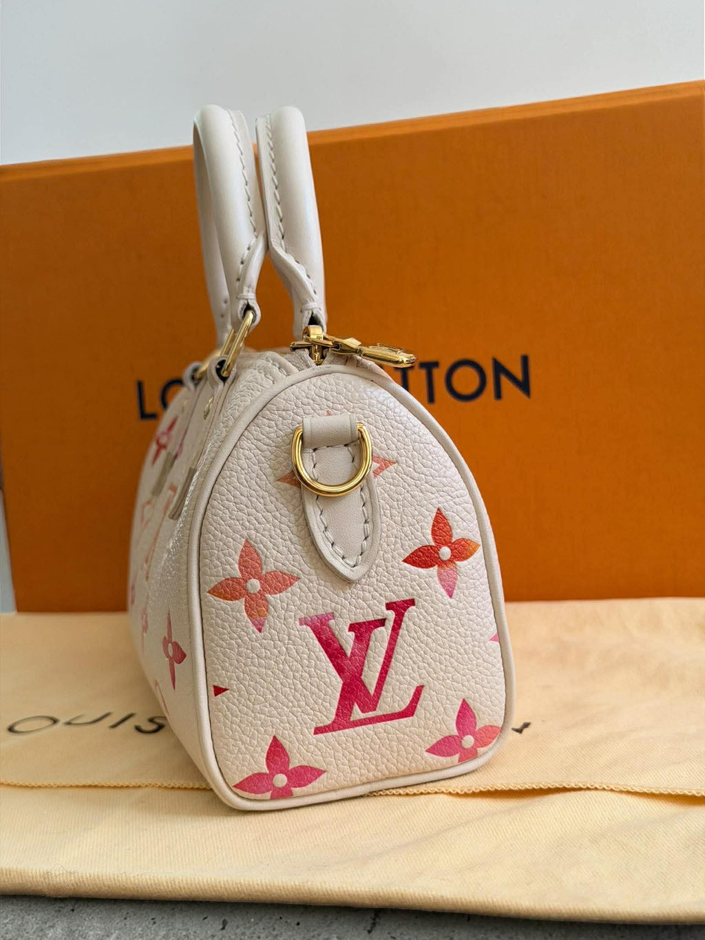 Louis Vuitton Nano Speedy Sunrise Aquarelle Limited Edition Ivory w/pink logo