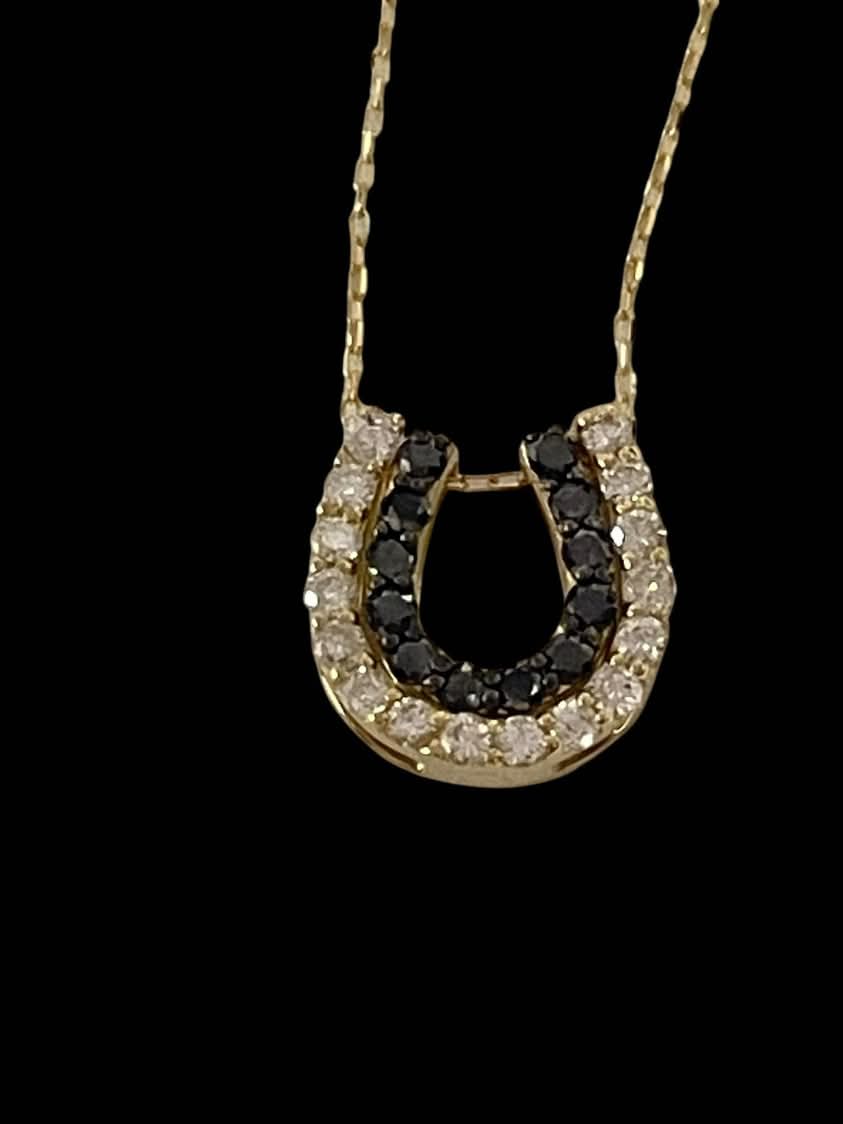 Black and White Diamond Horseshoe in 18K Yellow Gold with Chain