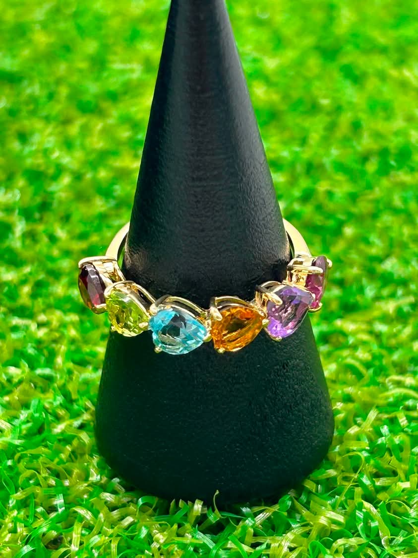Multi-colored Gems 18K Yellow Gold Ring in Size 6