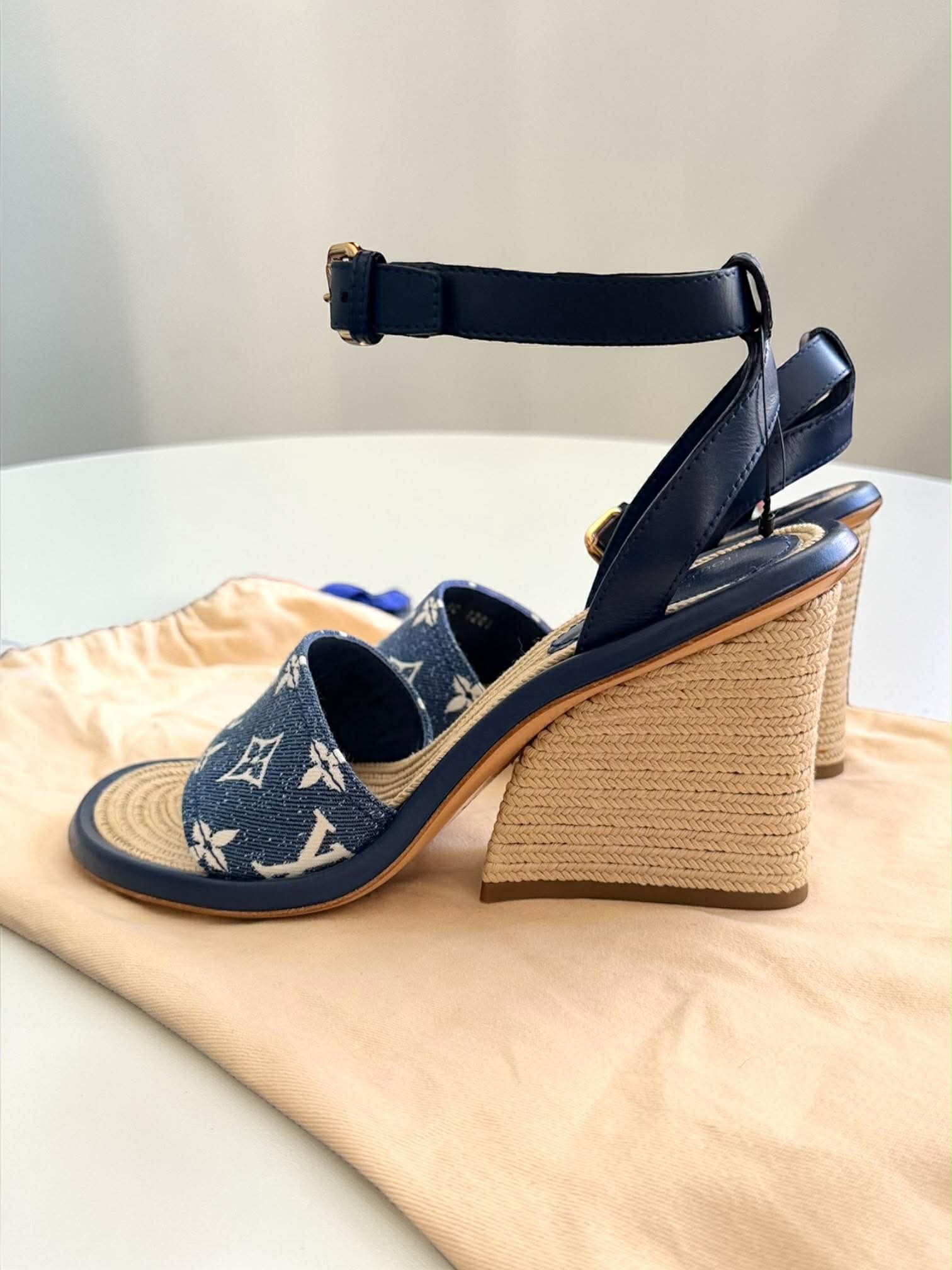 Louis Vuitton Monogram Denim Wedge Sandal 37 1/2