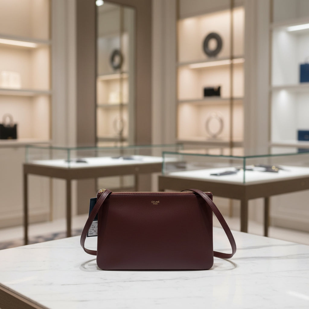 Celine Lambskin Small Trio Crossbody Bag Burgundy