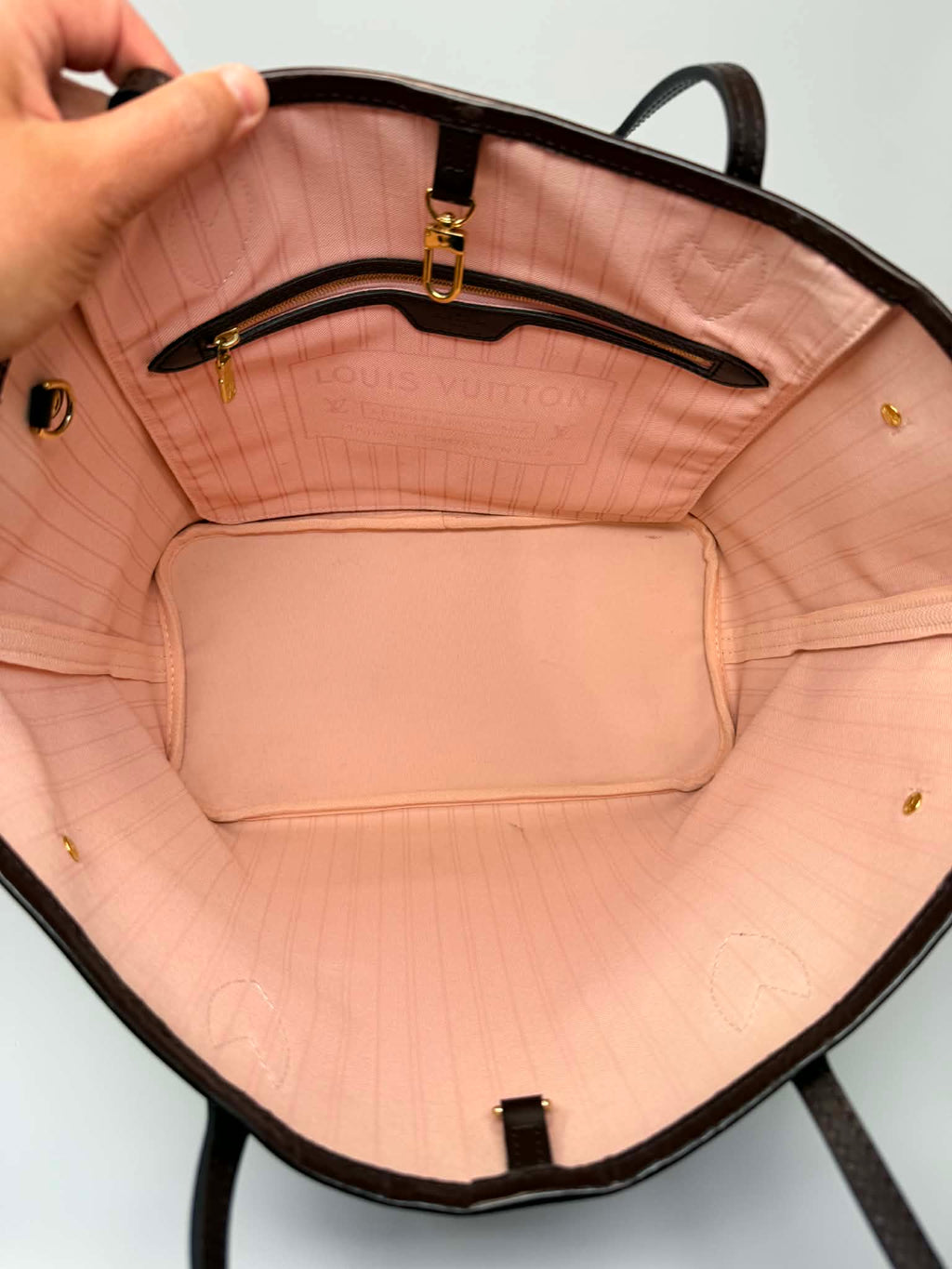 Louis Vuitton Damier Ebene Neverfull MM Ballerina Pink Interior