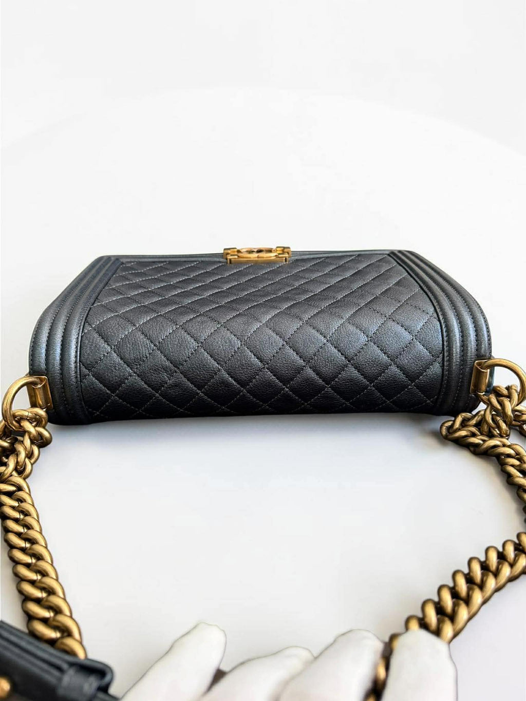 Chanel Leboy Metallic Navy Blue Quilted Leather Size 28