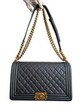 Chanel Leboy Metallic Navy Blue Quilted Leather Size 28