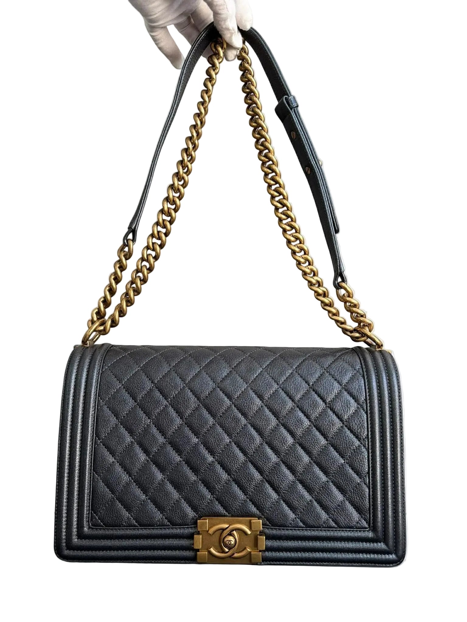 Chanel Leboy Metallic Navy Blue Quilted Leather Size 28