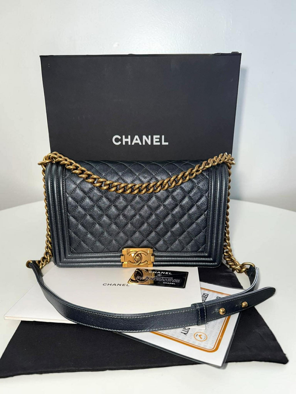 Chanel Leboy Metallic Navy Blue Quilted Leather Size 28