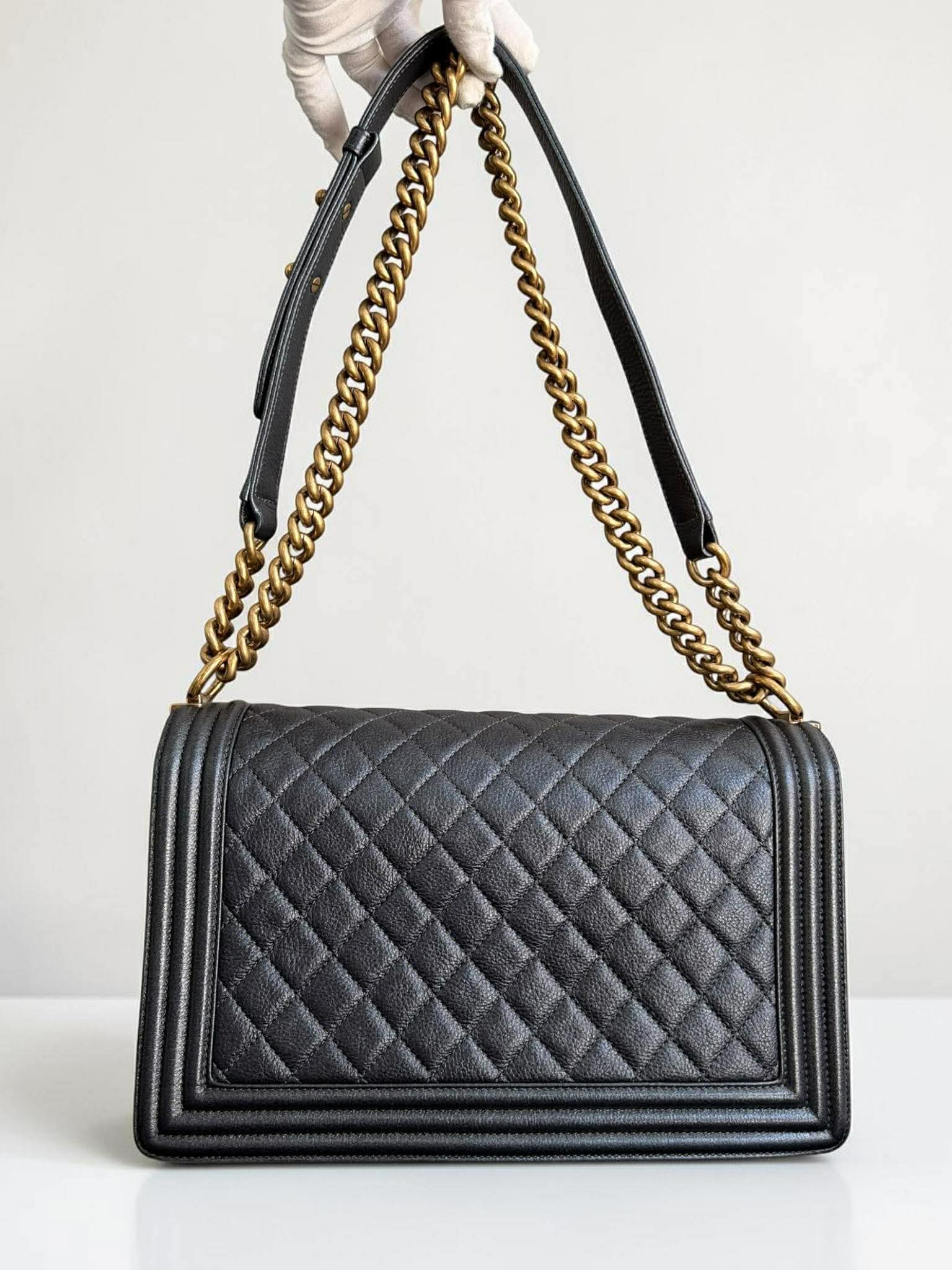 Chanel Leboy Metallic Navy Blue Quilted Leather Size 28