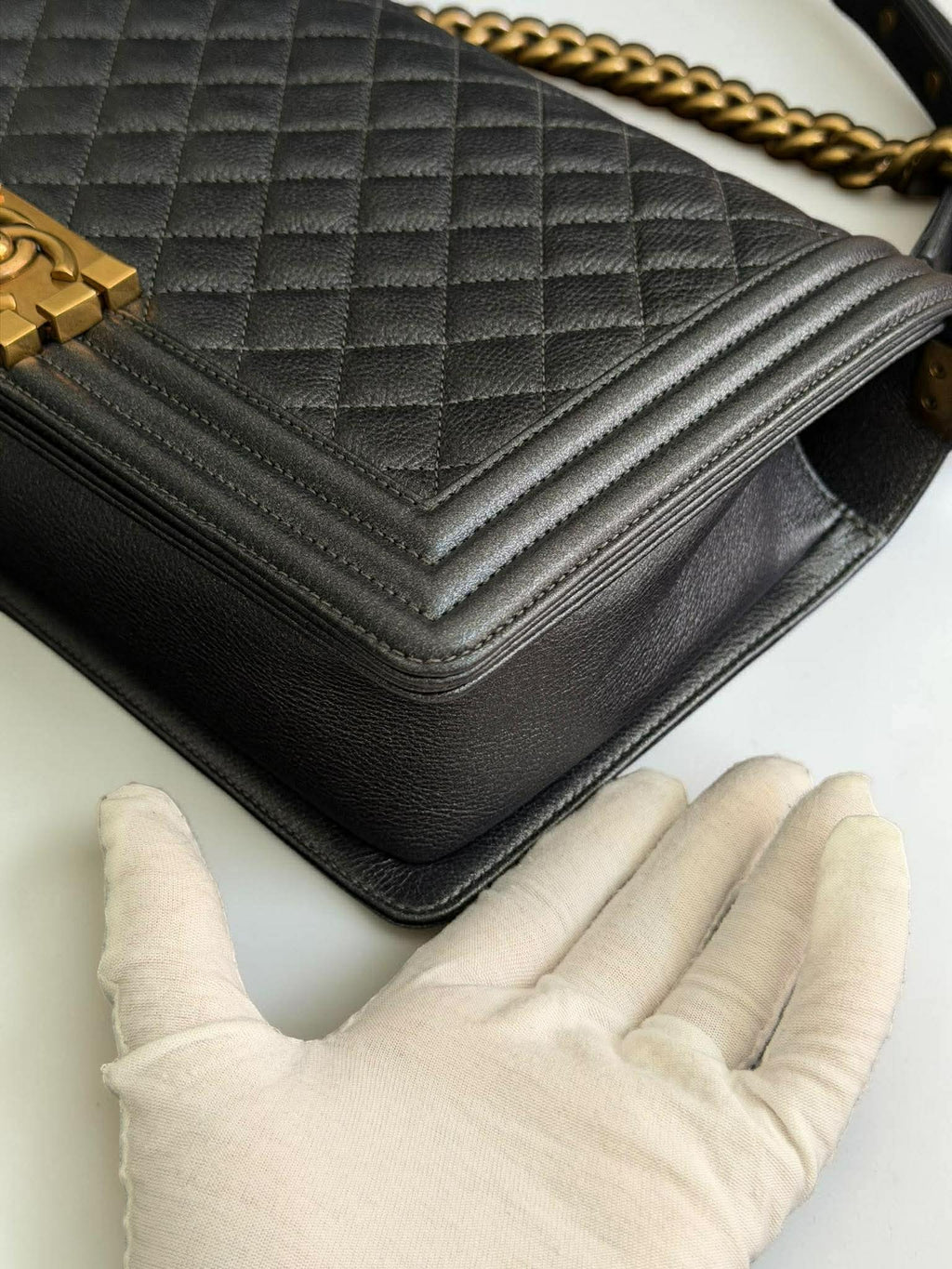 Chanel Leboy Metallic Navy Blue Quilted Leather Size 28