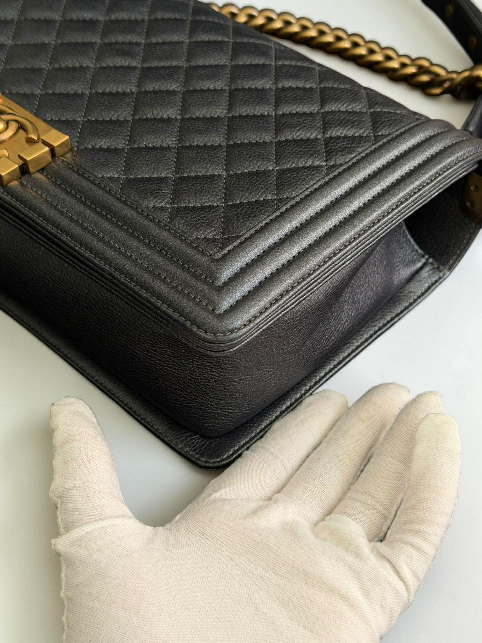 Chanel Leboy Metallic Navy Blue Quilted Leather Size 28