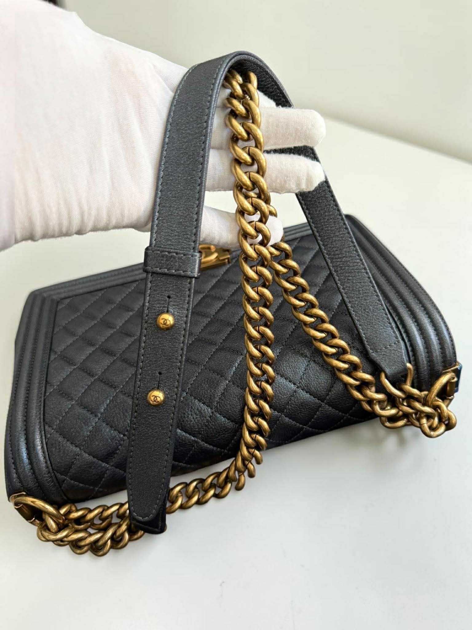 Chanel Leboy Metallic Navy Blue Quilted Leather Size 28