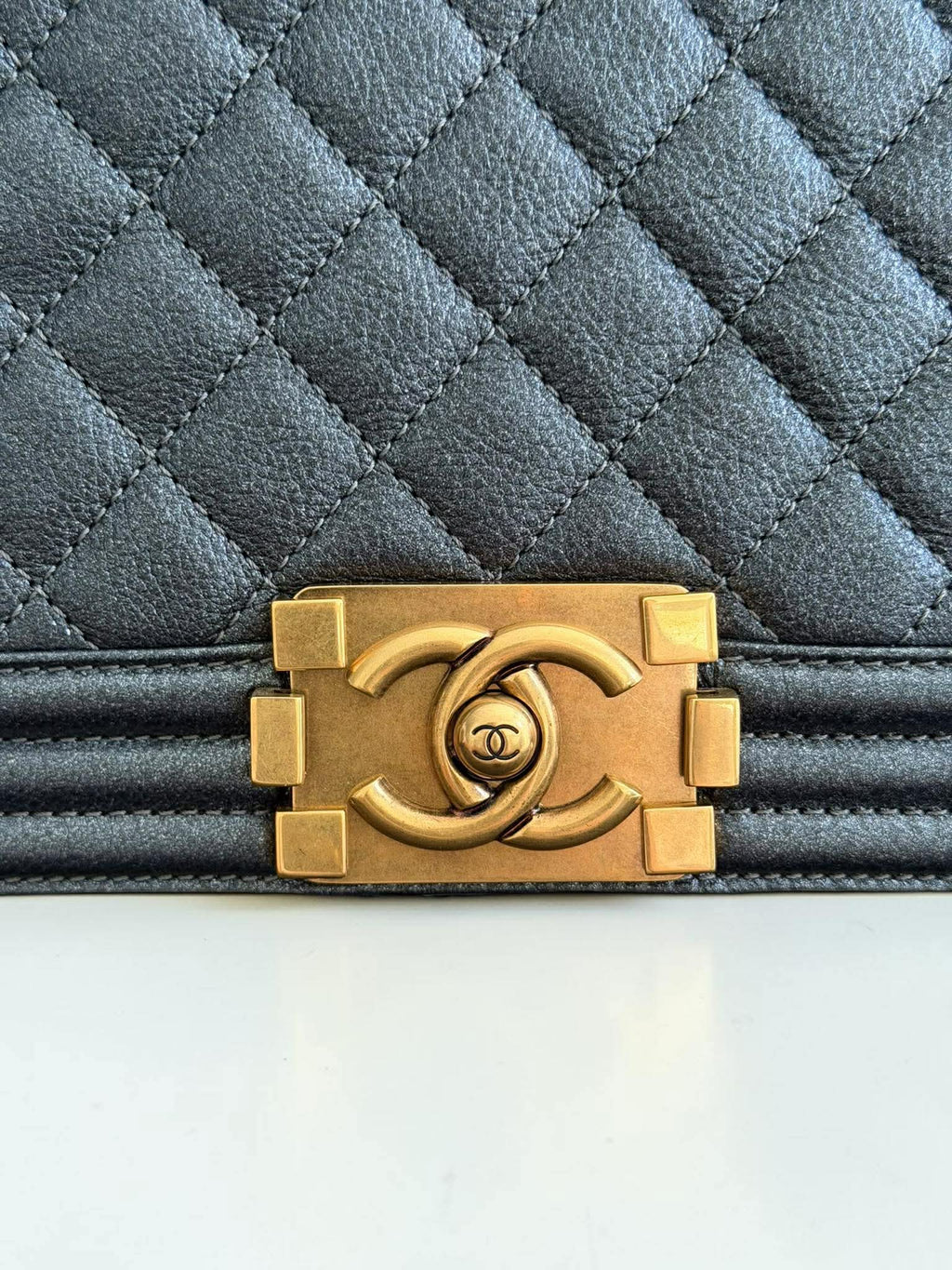 Chanel Leboy Metallic Navy Blue Quilted Leather Size 28
