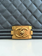 Chanel Leboy Metallic Navy Blue Quilted Leather Size 28