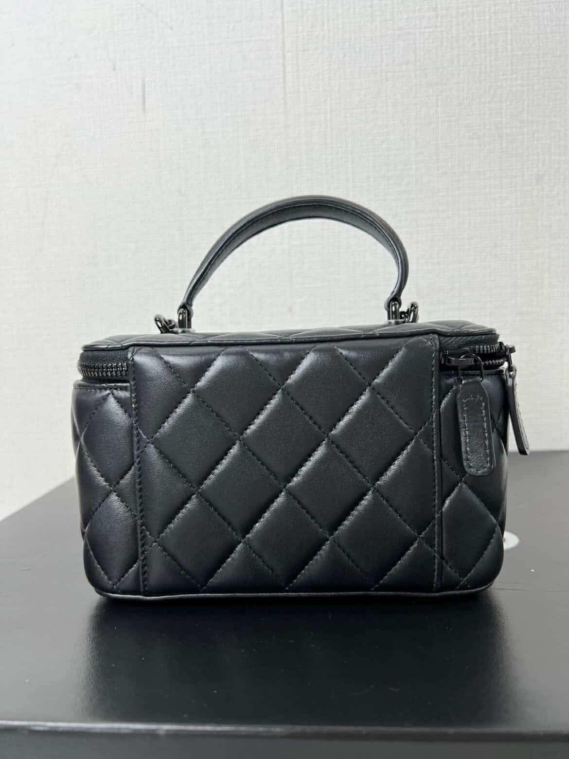 Chanel Lambskin Quilted Small Top Handle Vanity Case With Chain Black