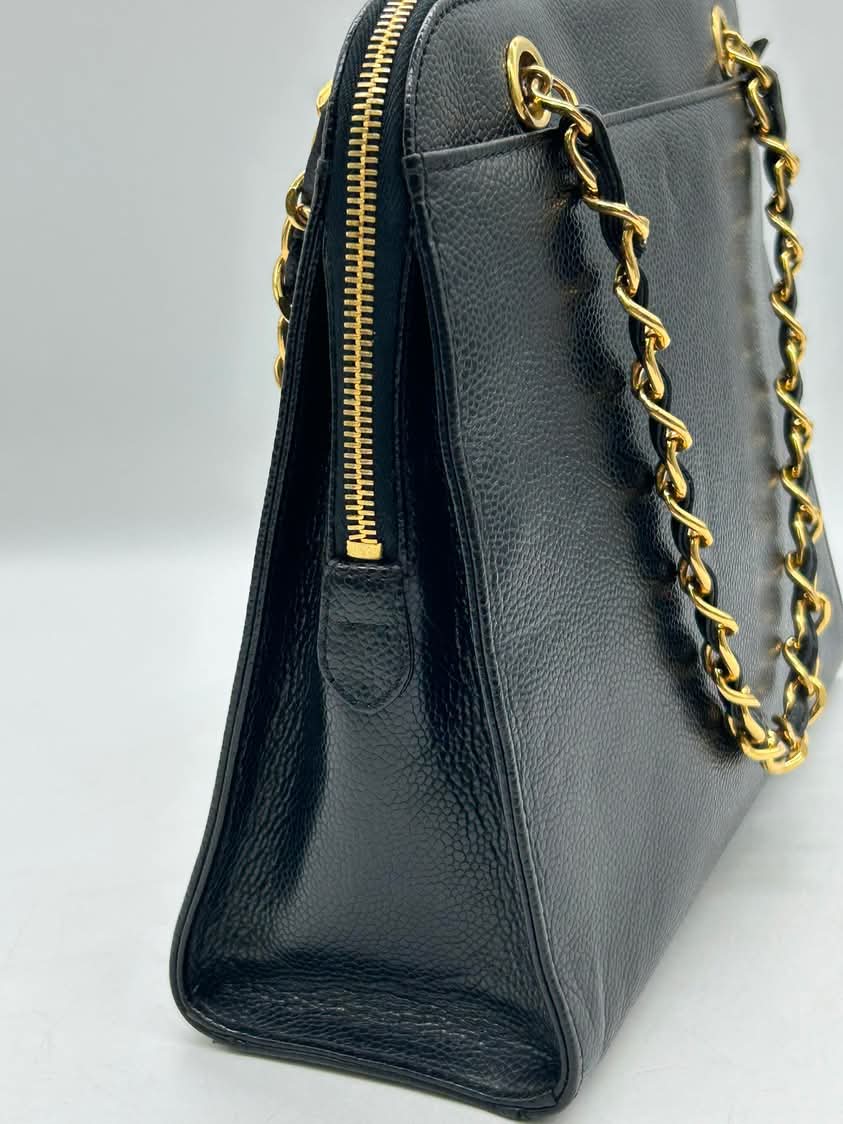 Chanel Caviar Embroidered Logo Shoulder Bag Black
