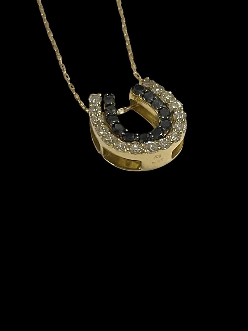 Black and White Diamond Horseshoe in 18K Yellow Gold with Chain