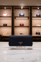 Prada Tessuto Saffiano Triangle Logo Continental Flap Travel Wallet Black