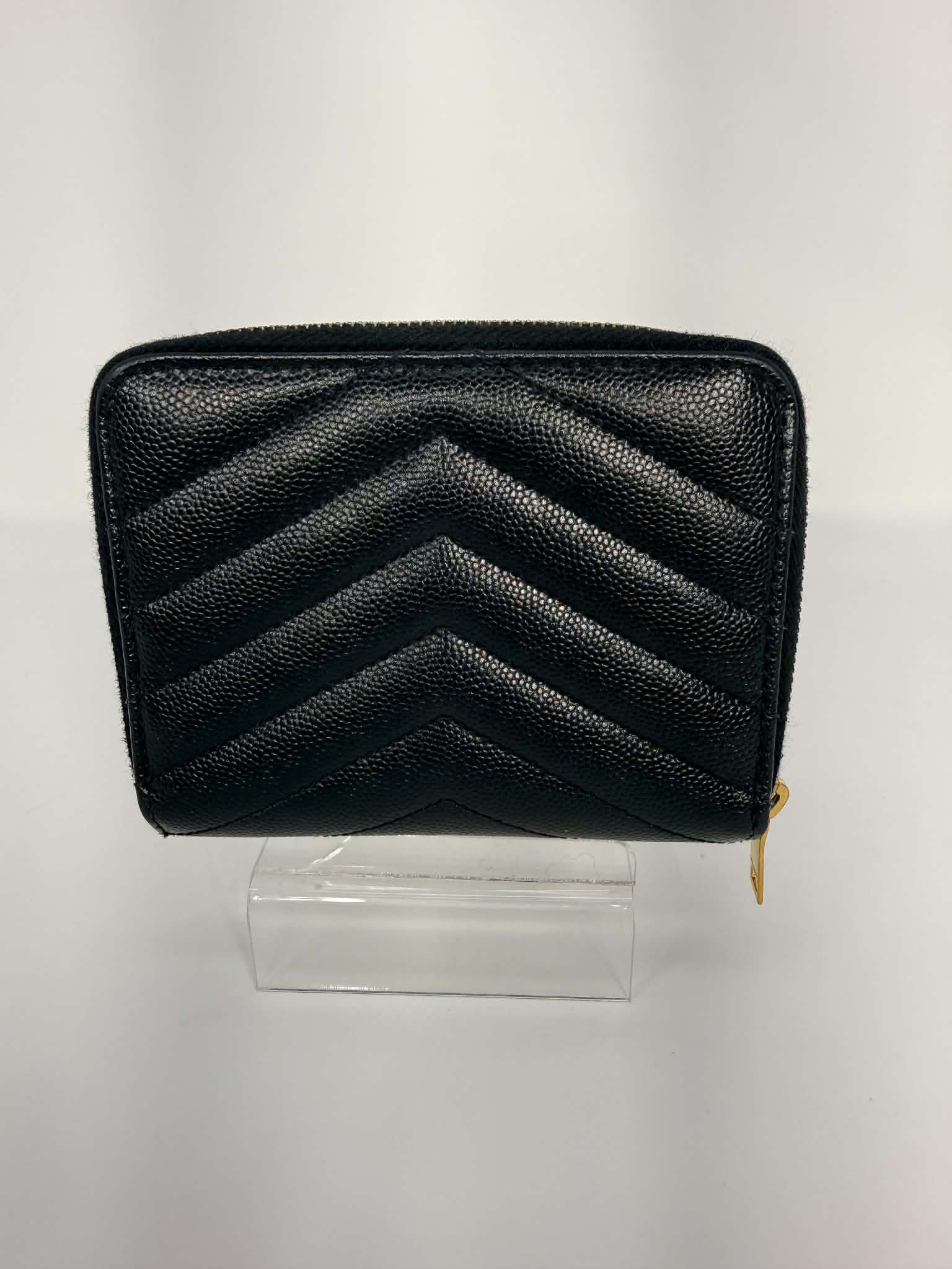 Saint Laurent Grain De Poudre Matelasse Chevron Monogram Compact Zip Around Wallet
