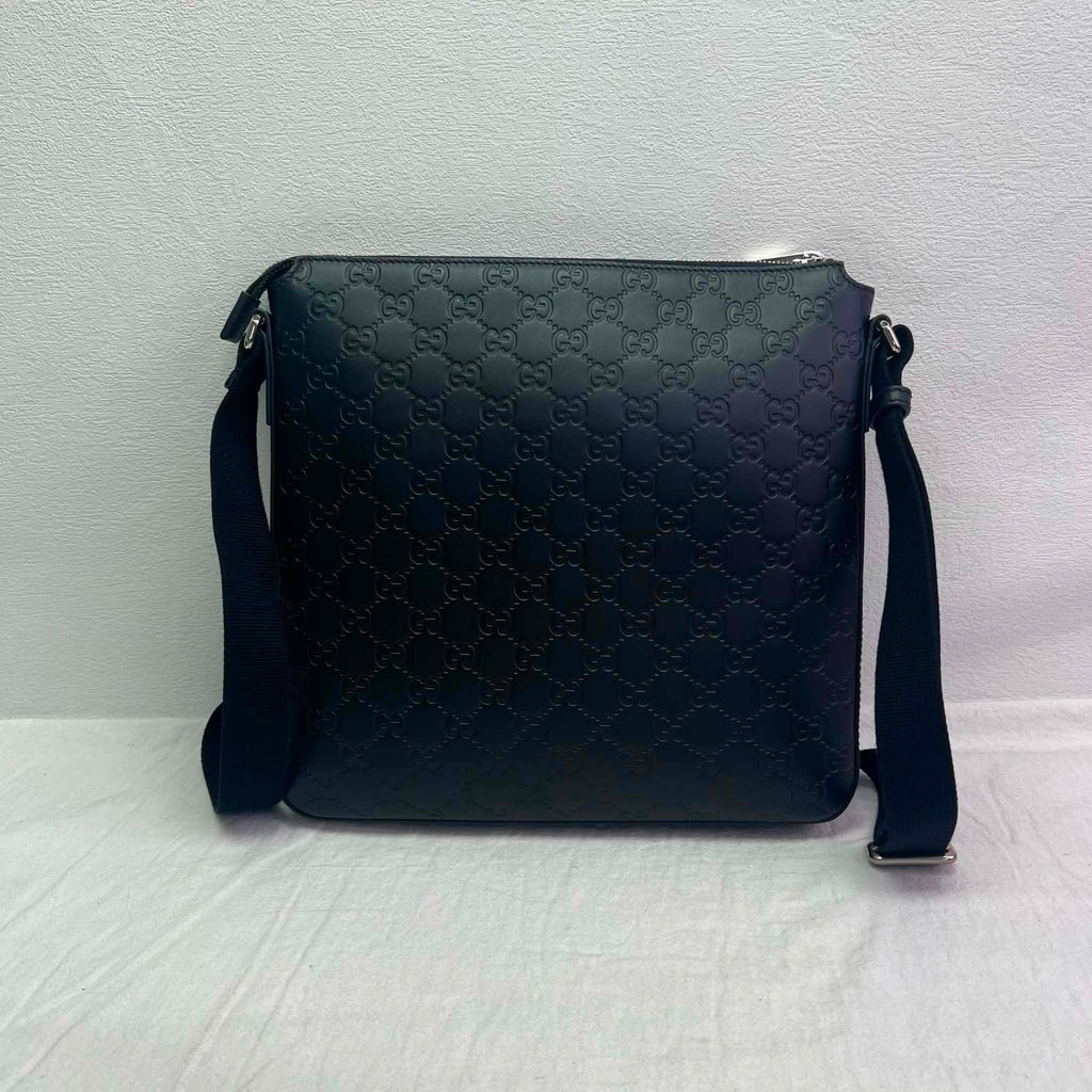 Gucci Guccissima Signature Medium Flat Messenger Bag Black