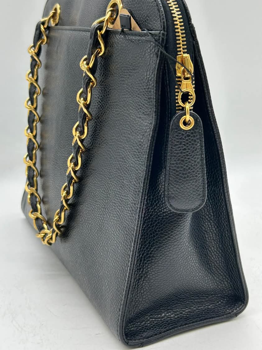 Chanel Caviar Embroidered Logo Shoulder Bag Black