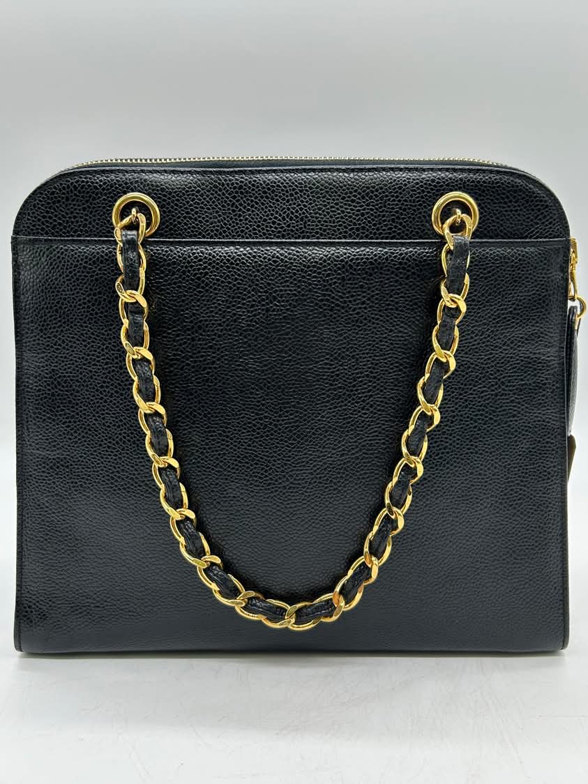Chanel Caviar Embroidered Logo Shoulder Bag Black