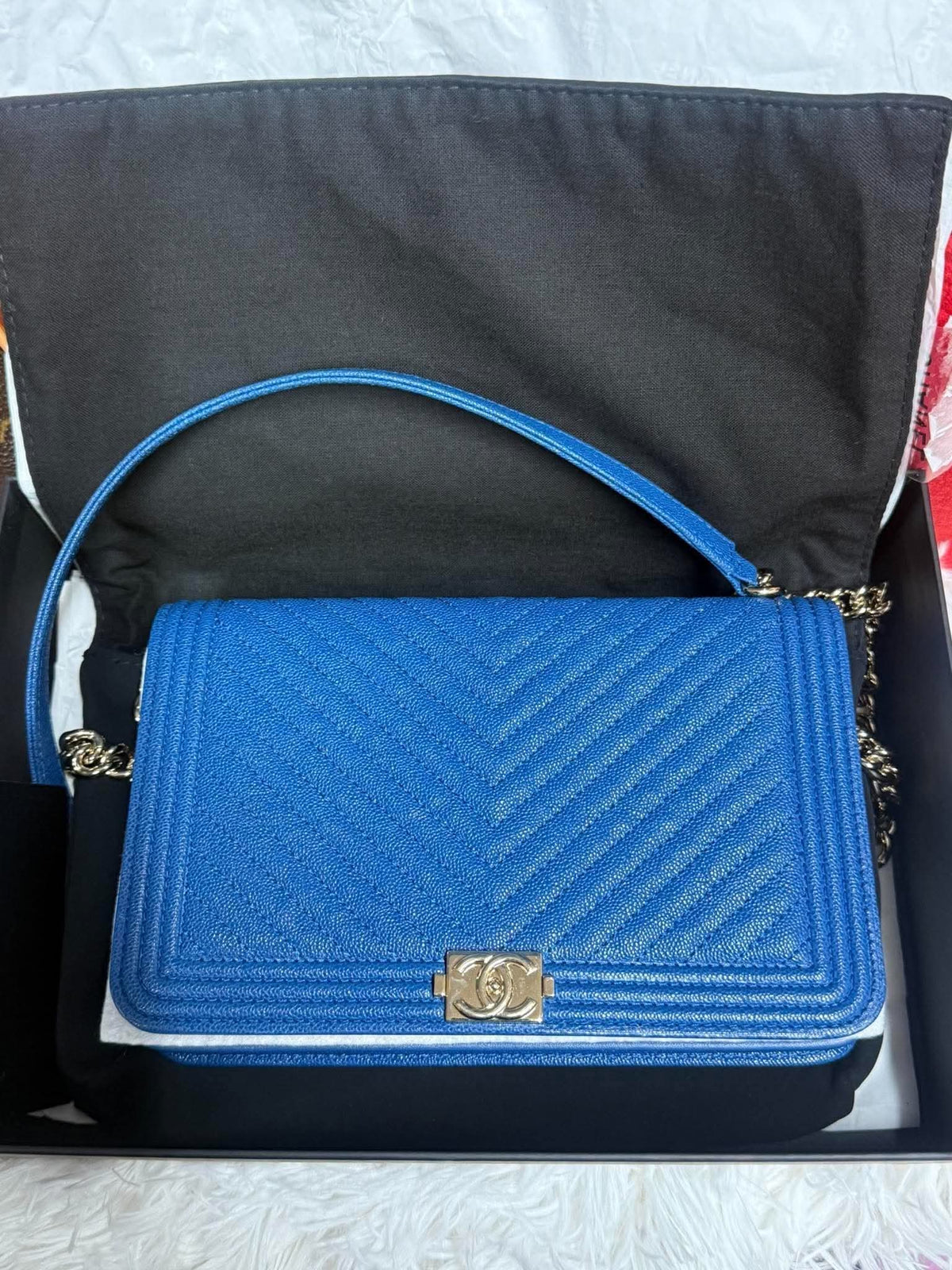 Chanel Calfskin Chevron Quilted Braided Boy Wallet On Chain WOC Black