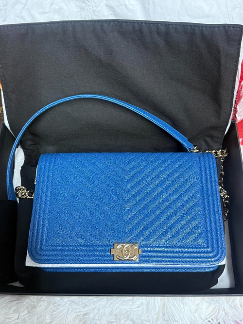 Chanel Calfskin Chevron Quilted Braided Boy Wallet On Chain WOC Black