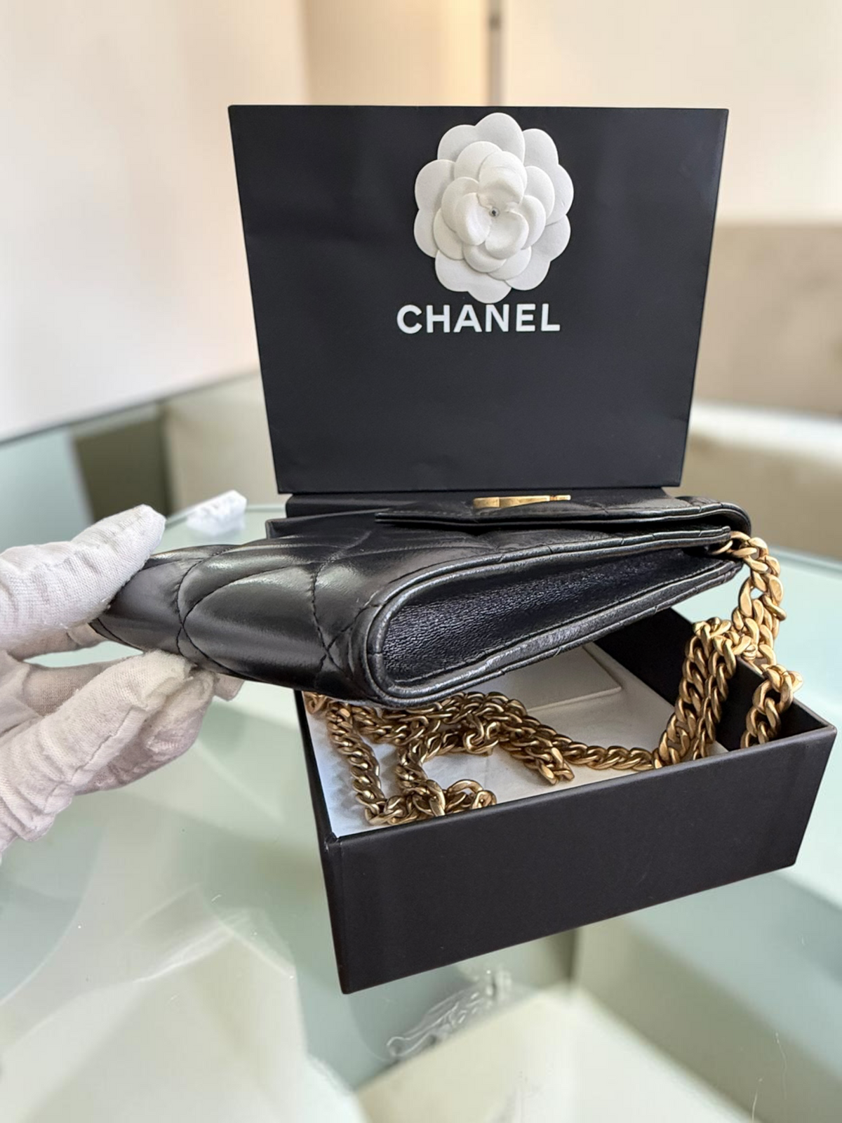 Chanel Quilted Lacquered Chain Phone Holder in Lambskin