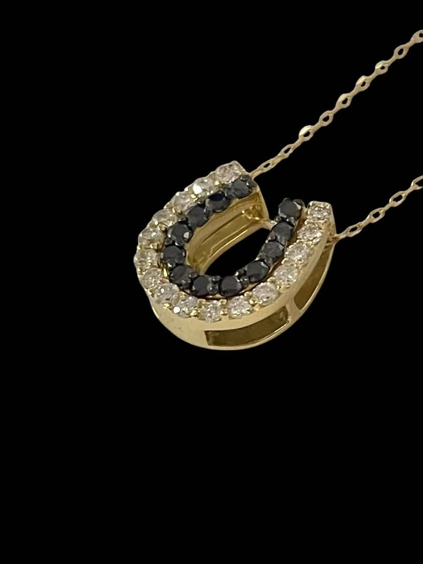 Black and White Diamond Horseshoe in 18K Yellow Gold with Chain