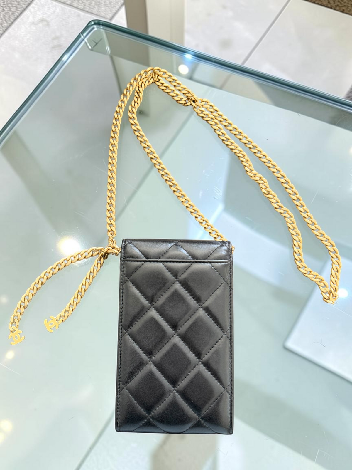 Chanel Quilted Lacquered Chain Phone Holder in Lambskin