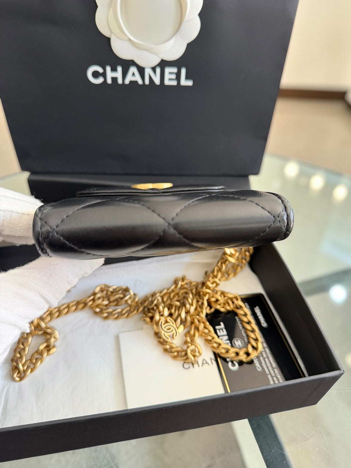 Chanel Quilted Lacquered Chain Phone Holder in Lambskin