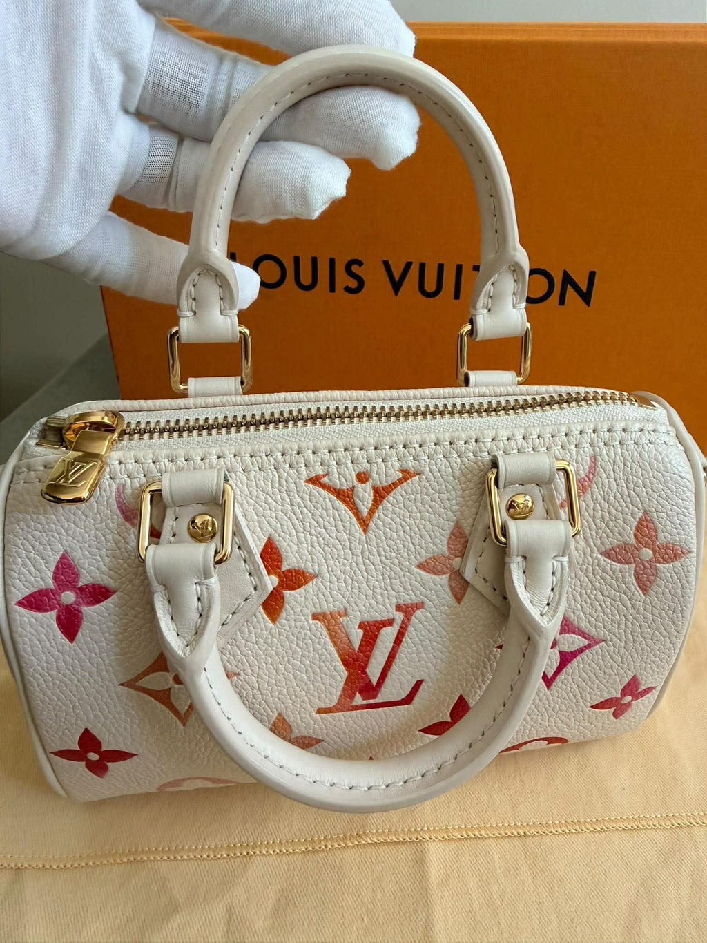 Louis Vuitton Nano Speedy Sunrise Aquarelle Limited Edition Ivory w/pink logo