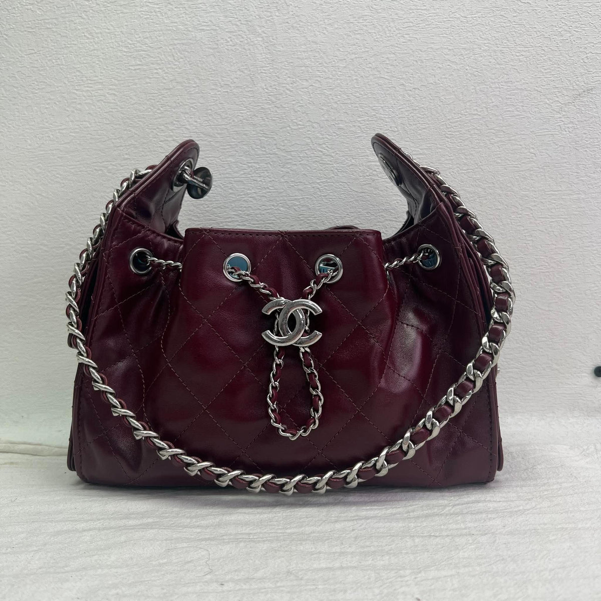 Chanel Shiny Crumpled Calfskin Quilted Small Chanel 25 Handbag Burgundy