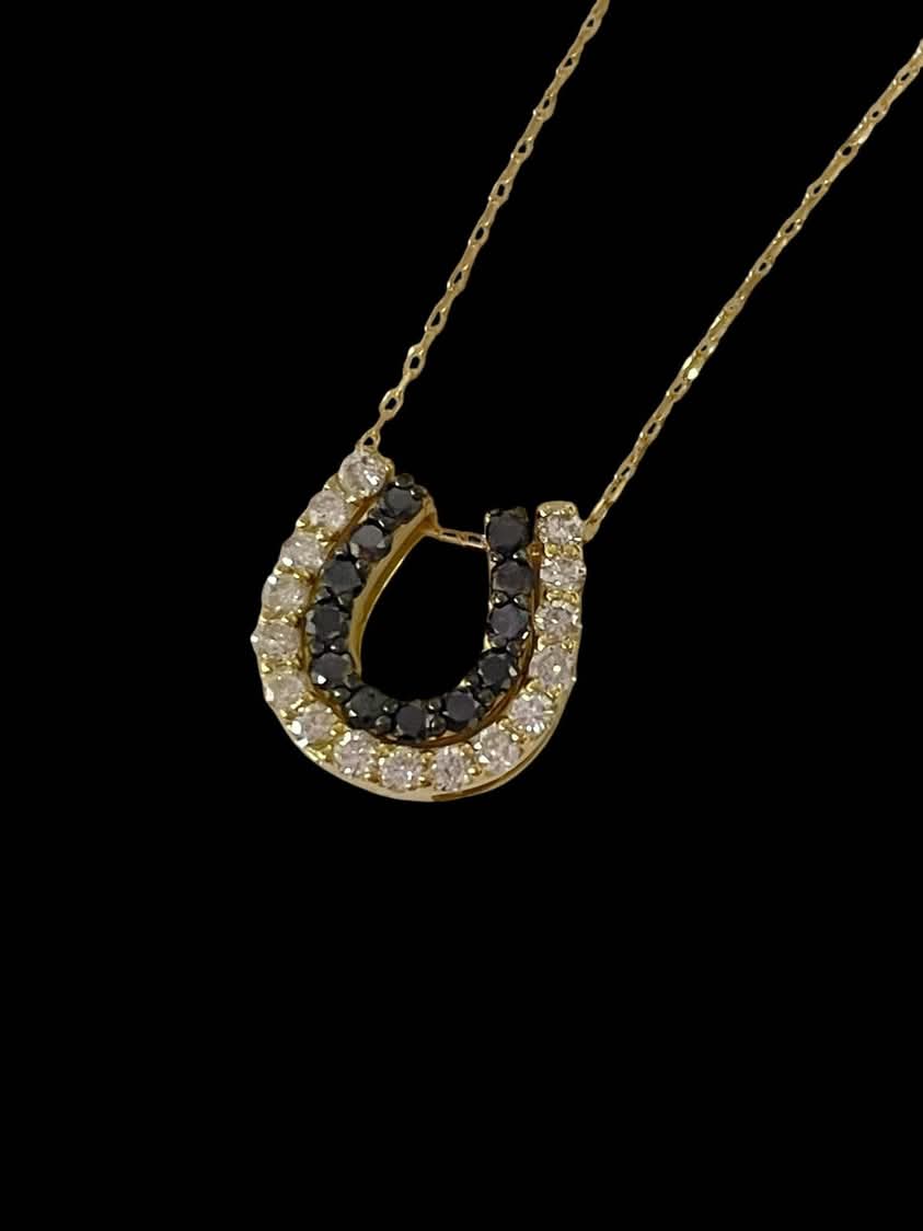 Black and White Diamond Horseshoe in 18K Yellow Gold with Chain