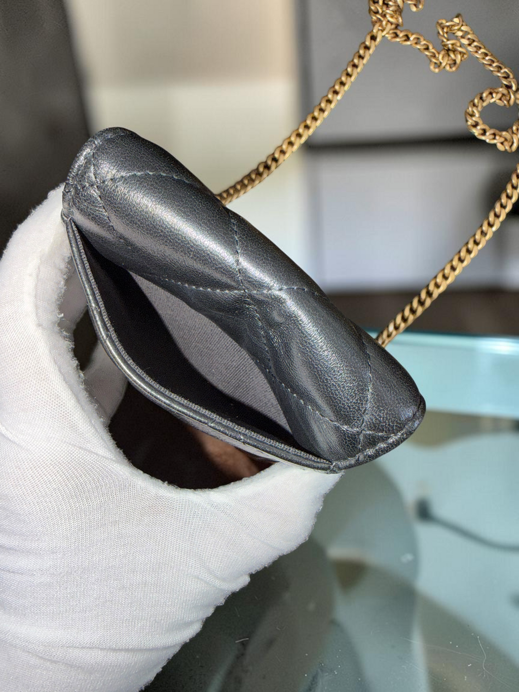 Chanel Quilted Lacquered Chain Phone Holder in Lambskin