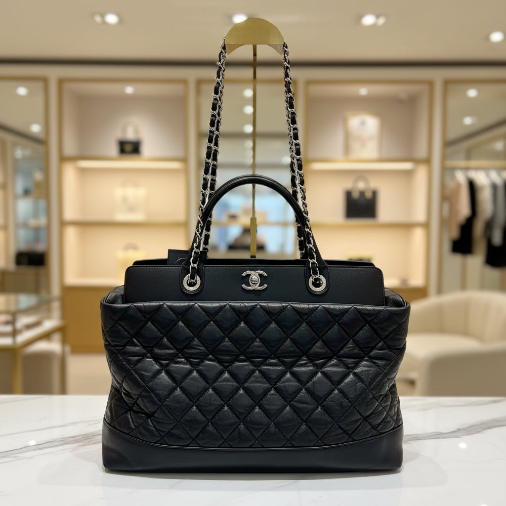 Chanel Aged Calfskin Quilted Be CC Tote Black