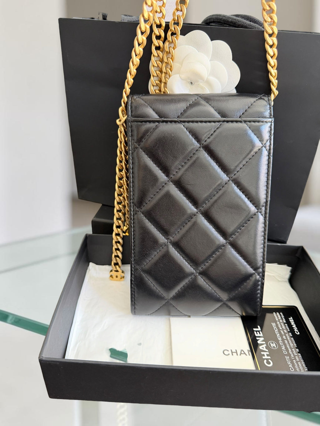 Chanel Quilted Lacquered Chain Phone Holder in Lambskin