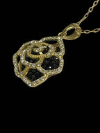 Black and White Diamond Rose Pendant and Chain 18K Yellow Gold