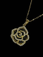 Black and White Diamond Rose Pendant and Chain 18K Yellow Gold