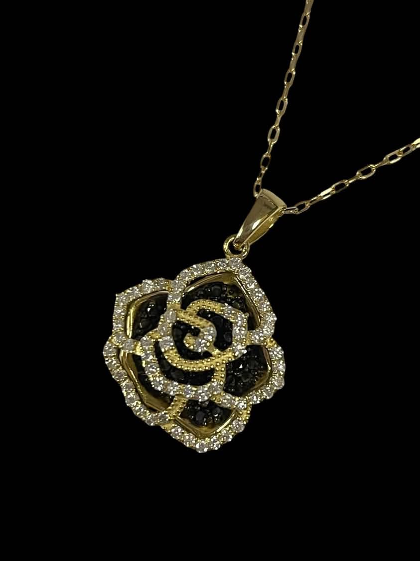 Black and White Diamond Rose Pendant and Chain 18K Yellow Gold