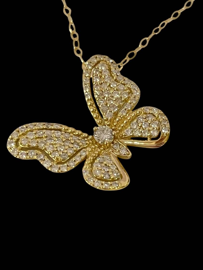 Butterfily Gold and Diamond Pendant and Chain 18K Yellow Gold