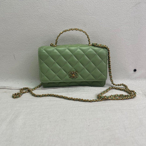 Chanel Light Green Quilted Lambskin Handle Wallet On Chain WOC Aged Gold Hardware