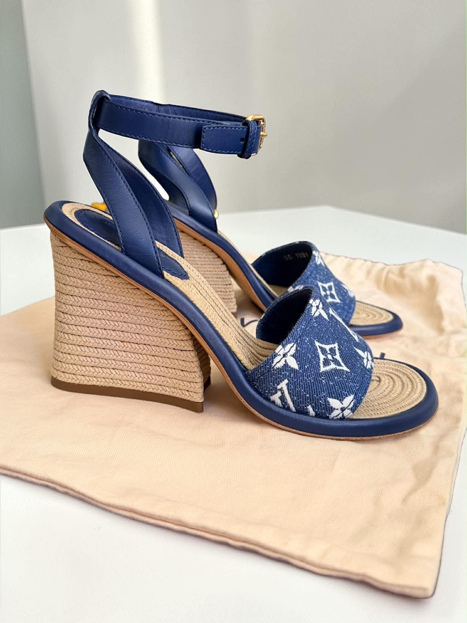 Louis Vuitton Monogram Denim Wedge Sandal 37 1/2