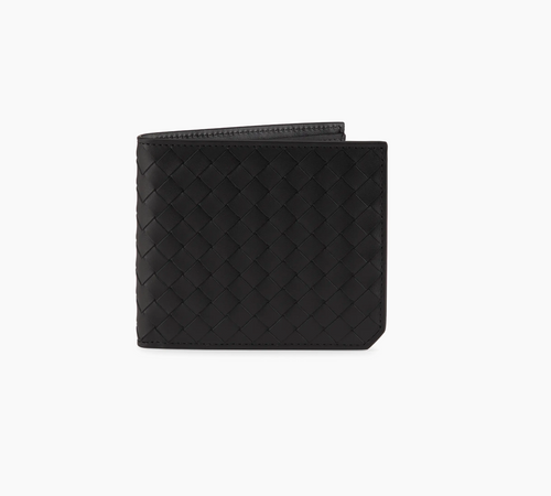 Black woven leather wallet on a white background