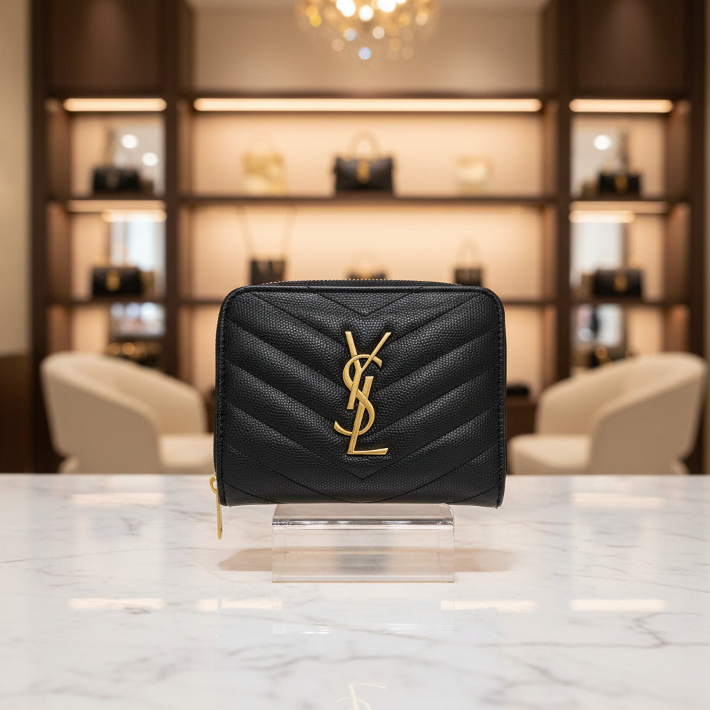 Saint Laurent Grain De Poudre Matelasse Chevron Monogram Compact Zip Around Wallet