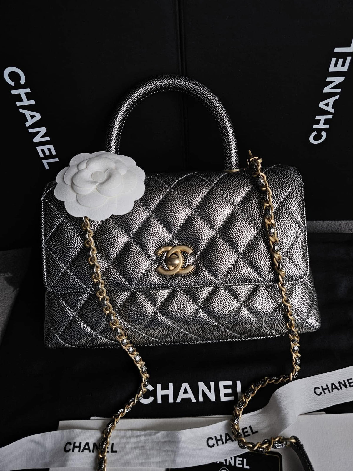 Chanel Metallic Caviar Small Coco Top Handle