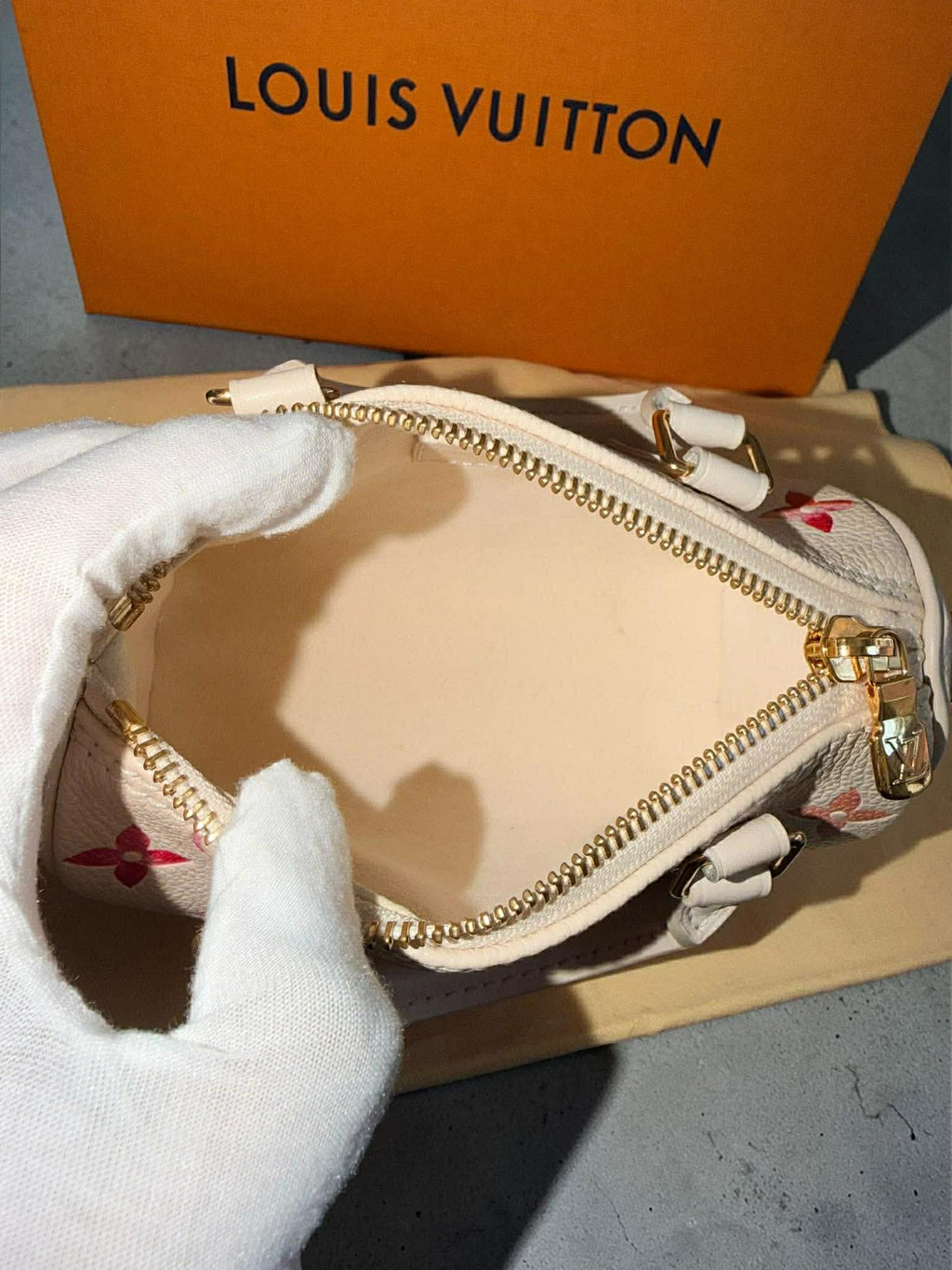 Louis Vuitton Nano Speedy Sunrise Aquarelle Limited Edition Ivory w/pink logo