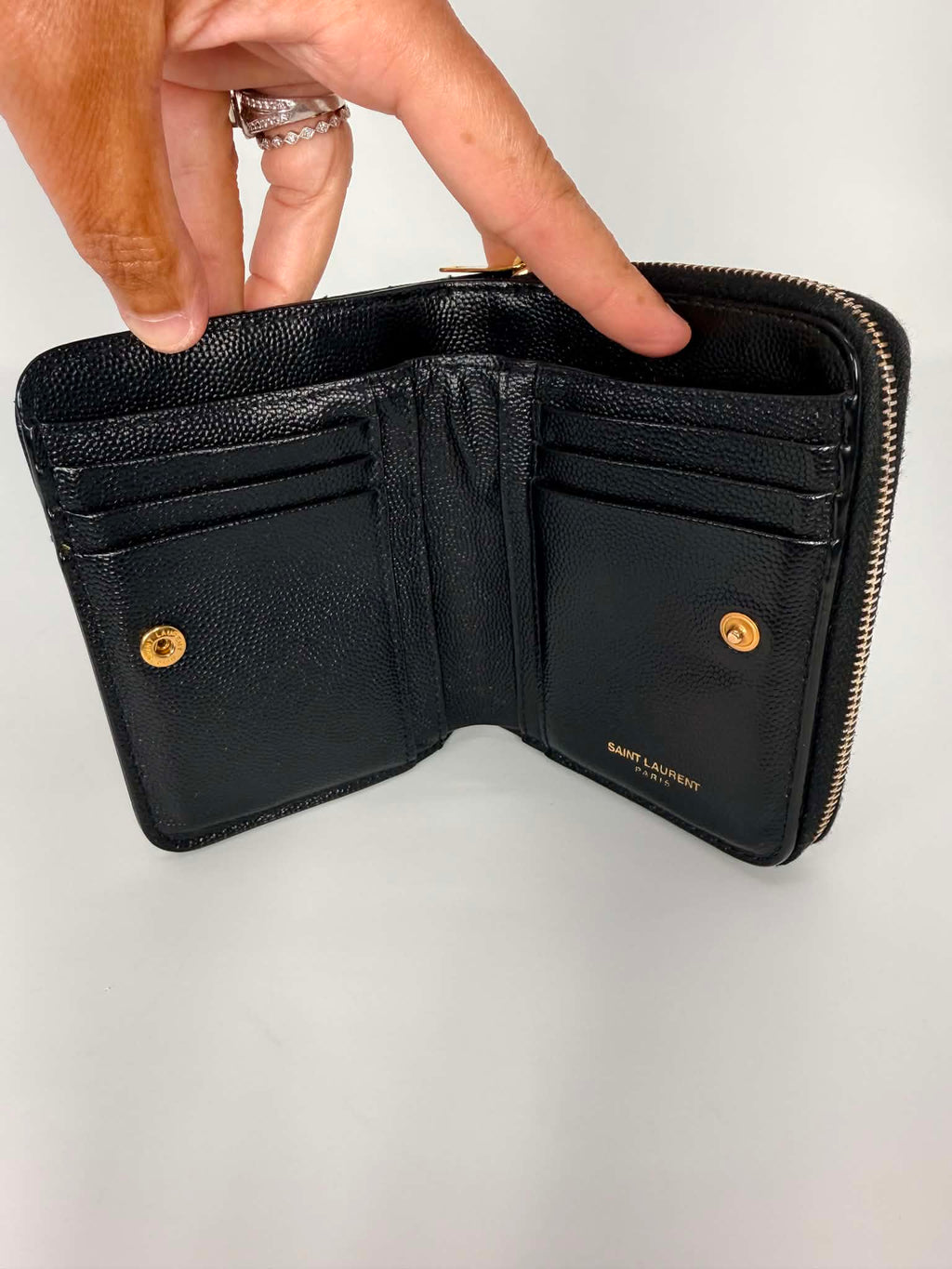 Saint Laurent Grain De Poudre Matelasse Chevron Monogram Compact Zip Around Wallet